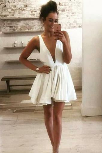 White Cap Sleeve Backless Short Satin Homecoming Dresses With V-Back