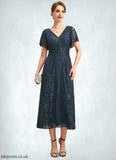 Alannah A-line V-Neck Tea-Length Chiffon Lace Mother of the Bride Dress STB126P0021686