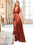 Xiomara A-line V-Neck Asymmetrical Stretch Satin Bridesmaid Dress With Ruffle STBP0022606