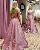 Unique A line Pink Sequins Spaghetti Straps Prom Dresses, Evening STB15678