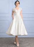 Lace Pockets V-neck Ruffle With Wedding Wedding Dresses Dress Vanessa Satin Tea-Length A-Line