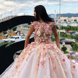 Princess Ball Gown Pink Tulle Prom Dresses with Handmade Flowers, Quinceanera STB20430