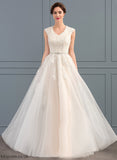 Karlee Wedding Sequins Train Beading Sweep Tulle Lace With A-Line V-neck Dress Bow(s) Wedding Dresses