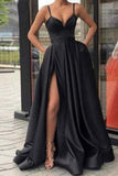 Black Spaghetti Straps Split Long Satin Prom Dress A Line Simple Long Formal STBP5G4JRHJ