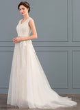 Karlee Wedding Sequins Train Beading Sweep Tulle Lace With A-Line V-neck Dress Bow(s) Wedding Dresses