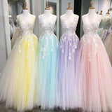 Charming Ball Gown V Neck Tulle Lace Appliques Prom Dresses, Evening STB20397