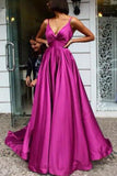 Simple A Line Spaghetti Straps V Neck Satin Backless Prom Dresses, Party STB20443