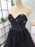 Elegant A Line Sweetheart Strapless Black Tulle Prom Dresses with Beading STB15578