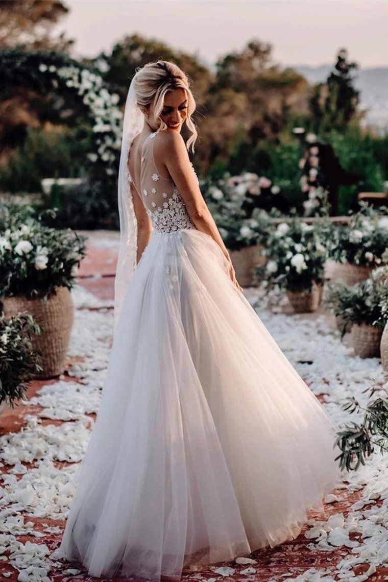 Buy A Line Halter Tulle Wedding Dress with Top Lace, Backless Beach Wedding  Dresses STI15547 Online – Cheappromproms