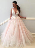 Charming Ball Gown V Neck Tulle Lace Appliques Prom Dresses, Evening STB20397