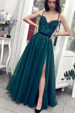 Charming A Line Green Tulle Spaghetti Straps Beading Prom Dresses V Neck Evening Dresses STB15502