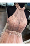 Chic Halter Formal Prom Dress Tulle Appliques A Line Evening STBPYARAC2F