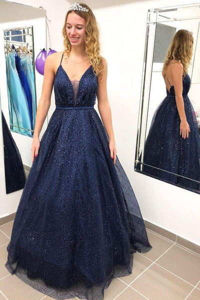 Buy A line Spaghetti Straps V Neck Prom Dresses Sparkly Navy Blue Long  Evening Dresses Online –