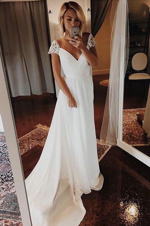 Buy Simple A Line Chiffon Wedding Dresses Cap Sleeve V Neck