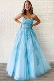 Unique A-Line Sky Blue Tulle Appliques Beads Scoop Prom Dresses with Lace STB15681