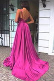 Simple A Line Spaghetti Straps V Neck Satin Backless Prom Dresses, Party STB15671