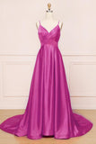 Simple A Line Spaghetti Straps V Neck Satin Backless Prom Dresses, Party STB15671