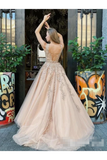 A Line Bateau Neckline Beadings Sash Prom Gown Champagne Appliques Lace Up Back Prom STBP9H7T9ZJ
