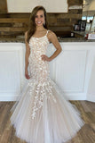 Charming Mermaid Lace Tulle Spaghetti Straps Long Appliques Prom STB20484