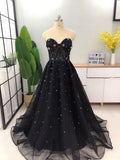 Elegant A Line Sweetheart Strapless Black Tulle Prom Dresses with Beading STB15578